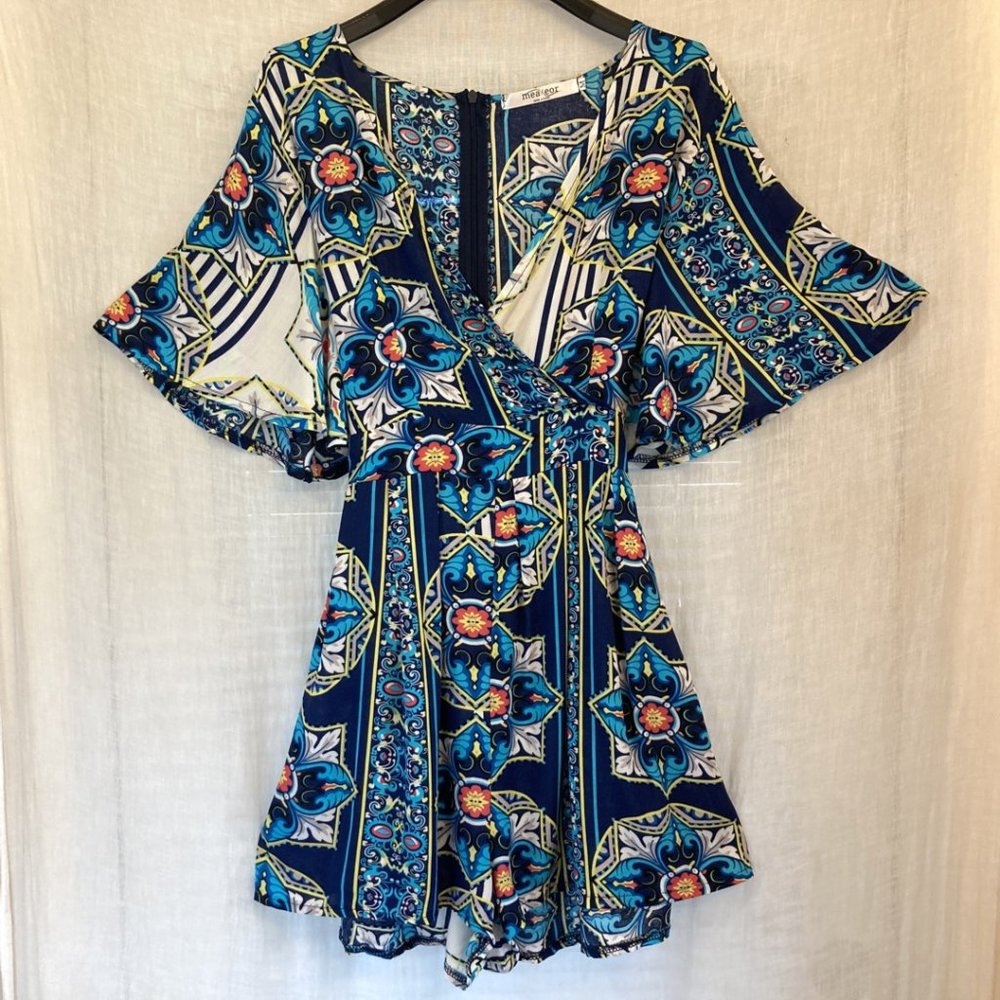 Boho Geometric Print Romper Flare Sleeve Short Jumpsuit Blue Red Turquoise Sz M